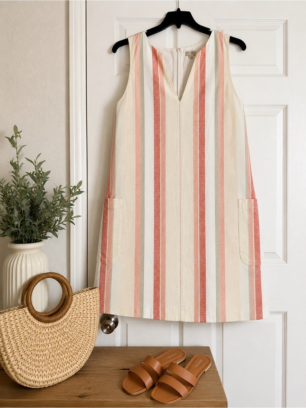 Daniel Cremieux Striped Sleeveless Dress in Cream and Coral Pink 100% cotton lg
